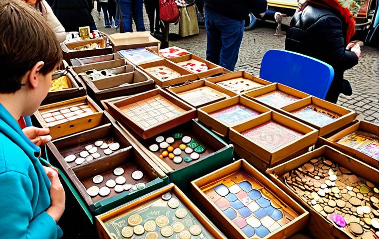 **Prompt:** A cluttered table at a Dutch "rommelmarkt" (flea market) overflowing with various board games. Some boxes are worn, others look new. People are browsing and examining the games. Emphasis on the "gezellig" (cozy, friendly) atmosphere. Some Euro coins are visible.