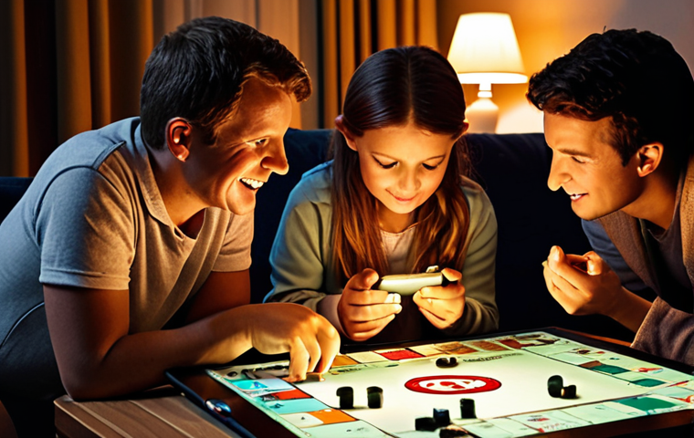 Digital Monopoly Night**
Prompt: "Cozy living room, Dutch family playing Monopoly on a tablet. Warm lighting, board game elements subtly integrated into the scene, like dice or miniature houses. Focus on the shared enjoyment and modern convenience."
**